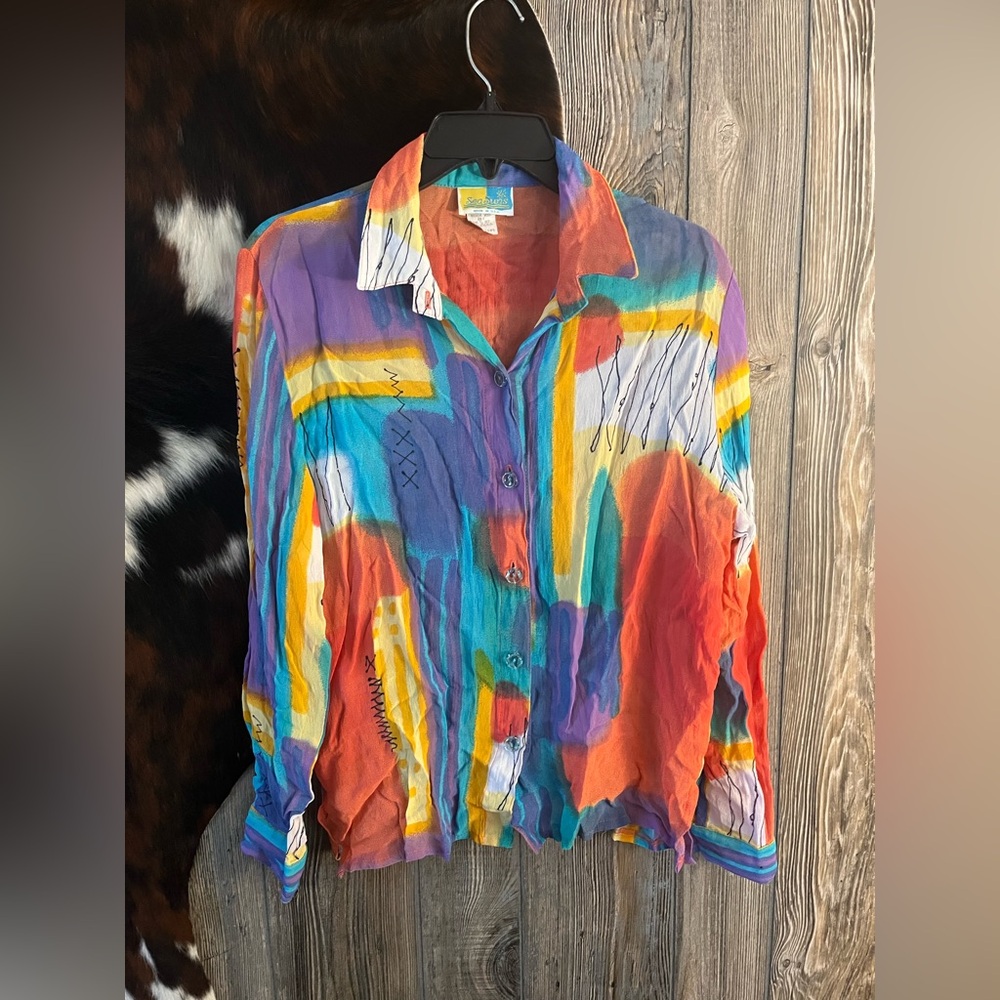 Vintage Sea Suns size medium bright colorful button up front women’s blouse